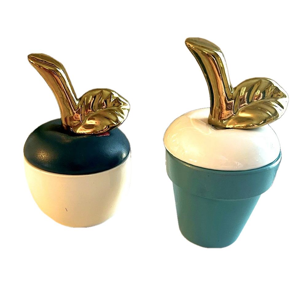 Rare Apple Decor or Trinket Jewelry Box Hand Paint Gold Leaf Tops Set-2